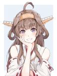  1girl ahoge brown_hair chin_rest dairyo3 detached_sleeves double_bun hairband hand_on_own_cheek headgear highres japanese_clothes kantai_collection kongou_(kantai_collection) long_hair looking_at_viewer nontraditional_miko remodel_(kantai_collection) ribbon-trimmed_sleeves ribbon_trim smile solo upper_body violet_eyes 