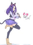  1girl :d akinbo_(hyouka_fuyou) animal_ears belt black_belt black_hairband black_legwear blush boots bracelet cat cat_ears cat_tail closed_mouth embarrassed fake_animal_ears fake_tail from_side full_body grey_shirt hairband hummy_(suite_precure) jewelry kurokawa_eren layered_skirt long_hair long_sleeves looking_at_viewer miniskirt open_mouth paw_pose pendant pleated_skirt precure print_shirt purple_hair purple_skirt shiny shiny_hair shirt simple_background sketch skirt smile solo standing standing_on_one_leg straight_hair suite_precure tail thigh-highs white_background yellow_eyes zettai_ryouiki 