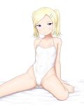 1girl absurdres ass_visible_through_thighs barefoot blonde_hair commentary_request flat_chest grey_eyes highleg highleg_leotard highres leotard looking_at_viewer original sc_naru short_hair simple_background sitting solo spaghetti_strap twintails wariza white_background white_leotard 