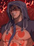  1boy akitokage01 blue_hair chest_tattoo collarbone commentary_request cu_chulainn_(fate)_(all) earrings fate/grand_order fate_(series) grin highres hood hood_up jewelry long_hair looking_at_viewer male_focus pectorals red_eyes sharp_teeth smile solo tattoo teeth upper_body 