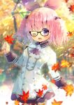  1girl ;d ascot autumn_leaves bangs black-framed_eyewear black_bow black_ribbon blurry blurry_background bow breasts brown_neckwear collared_dress depth_of_field dress eyebrows_visible_through_hair frilled_sleeves frills glasses hair_between_eyes hair_bow hair_ribbon holding holding_leaf kouu_hiyoyo leaf long_sleeves looking_at_viewer maple_leaf one_eye_closed open_mouth original pink_hair ribbon small_breasts smile solo tree twintails violet_eyes white_dress 