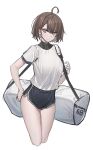  1girl ahoge alternate_costume azur_lane bag baltimore_(azur_lane) bangs black_shorts braid breasts brown_eyes brown_hair closed_mouth commentary_request duffel_bag echj highres large_breasts shirt short_hair short_shorts shorts side_braid standing thighs white_background white_shirt 