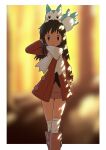  1girl bangs black_hair blurry blurry_background boots border closed_mouth coat commentary_request hikari_(pokemon) eyelashes gen_4_pokemon grey_eyes hand_on_hip hand_up highres long_hair long_sleeves looking_at_viewer on_head outside_border over-kneehighs pachirisu pink_footwear pokemon pokemon_(creature) pokemon_(game) pokemon_dppt pokemon_on_head pokemon_platinum red_coat scarf thigh-highs white_border white_legwear white_scarf yoshi_(moco1) 