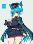  animal_ear_fluff animal_ears asagi_(bombergirl) bangs belt blue_hair blunt_bangs bombergirl breasts brown_eyes cloak eyebrows_visible_through_hair gloves hat highres holding holding_sword holding_weapon large_breasts miniskirt multicolored_hair pleated_skirt sawati skirt sword tail thigh_strap two-tone_hair uniform weapon white_belt white_gloves white_hair wolf_ears wolf_girl wolf_tail 