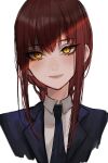  1girl bangs black_neckwear black_suit blush brown_hair business_suit chainsaw_man collared_shirt expulse formal highres light_smile long_hair looking_at_viewer makima_(chainsaw_man) necktie ringed_eyes shirt smile solo suit white_background yellow_eyes 