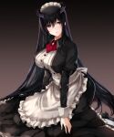  1girl absurdres alice_gear_aegis apron bangs black_hair breasts dress frills hair_between_eyes highres juliet_sleeves kagome_misaki large_breasts long_hair long_sleeves looking_at_viewer maid maid_apron maid_headdress mole mole_under_eye puffy_sleeves puru_(ex-150) solo violet_eyes waist_apron 