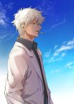  1boy bespectacled black_shirt blue_sky cigarette clouds collared_shirt day from_side gintama glasses highres labcoat long_sleeves looking_at_viewer looking_to_the_side male_focus mouth_hold open_clothes outdoors parted_lips profile red_eyes sakata_gintoki shirt sky smoke smoking solo upper_body uraki_(tetsu420) white_hair 