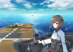  1girl absurdres aircraft airplane anchor bangs brown_eyes brown_hair clouds covered_navel day eyebrows_visible_through_hair flat_chest flight_deck headband headgear highres kantai_collection long_sleeves ocean outdoors parted_lips red_skirt rigging short_hair skirt sky solo sui_(sui27shika) taihou_(kantai_collection) water watercraft 