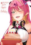  1girl absurdres ajiitou arm_strap asymmetrical_horns bangs bare_shoulders birthday birthday_cake blonde_hair blush bow bowtie breasts cake chest_harness commentary_request crying demon_girl demon_horns eyebrows_visible_through_hair food green_eyes hair_ornament happy_birthday harness headphones headphones_around_neck highres hololive horn_bow horns large_breasts long_hair looking_at_viewer mano_aloe multicolored_hair one_eye_closed open_mouth pink_hair pointy_ears shirt sleeveless sleeveless_shirt solo succubus sweat tears two-tone_hair virtual_youtuber 