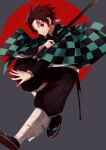  1boy brown_hair checkered_haori earrings from_side haori highres holding holding_sword holding_weapon japanese_clothes jewelry kamado_tanjirou kimetsu_no_yaiba looking_at_viewer male_focus solo sword takechu unsheathed weapon 