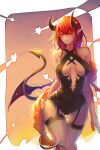  1girl bare_shoulders black_leotard breasts breasts_apart center_opening cowboy_shot criss-cross_halter demon_girl demon_horns demon_tail garter_straps halterneck hand_on_hip heart highres horns leotard long_hair medium_breasts original parted_lips pink_eyes pointy_ears redhead solo standing succubus symbol_commentary tail thigh-highs thigh_gap very_long_hair wings zel_(o_q) 
