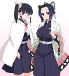  2girls :d akitokage01 bangs belt belt_buckle black_hair black_jacket black_pants breasts buckle butterfly_hair_ornament closed_mouth commentary_request cowboy_shot feet_out_of_frame gradient_hair hair_ornament haori highres jacket japanese_clothes kimetsu_no_yaiba kochou_shinobu large_breasts long_sleeves looking_at_viewer multicolored_hair multiple_girls open_mouth pants parted_bangs pleated_skirt purple_hair short_hair side_ponytail simple_background skirt smile standing tsuyuri_kanao violet_eyes white_background white_belt 