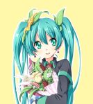  1girl :d aqua_eyes aqua_hair blush bouquet commentary earrings flower hair_between_eyes hatsune_miku hinosita_hikari jewelry long_hair long_image looking_at_viewer open_mouth plant simple_background smile tall_image upper_body vocaloid yellow_background 