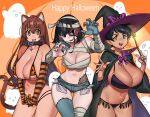  3girls absurdres animal_ears bangs bikini black_eyes black_hair blue_eyes breasts brown_hair cape cat_ears cat_girl cat_tail elbow_gloves eyebrows_visible_through_hair fangs feet_out_of_frame ghost gloves halloween halloween_costume hat heterochromia highres huge_breasts large_breasts long_hair micro_shorts multi-strapped_bikini_bottom multiple_girls mummy_costume navel nia_(nia4294) o-ring o-ring_bikini orange_eyes original scar sharp_teeth short_hair shorts sketch smile stitches striped striped_gloves swimsuit tail teeth thighs wand witch witch_hat yellow_eyes 