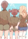  3girls aku2 alisa_(girls_und_panzer) ass_grab blonde_hair brown_jacket girls_und_panzer girls_und_panzer_saishuushou jacket kay_(girls_und_panzer) long_hair long_sleeves military military_uniform multiple_girls naomi_(girls_und_panzer) saunders_military_uniform short_hair shorts thigh-highs uniform white_legwear yuri 