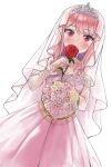  1girl absurdres bang_dream! bare_shoulders blush bride collarbone dress flower highres long_hair looking_at_viewer maruyama_aya pink_hair red_eyes rose seojinhui wedding wedding_dress 