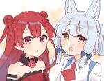  2girls :d :o absurdres animal_ear_fluff animal_ears ascot bangs bare_shoulders blue_bow bow brown_eyes character_request collarbone collared_shirt double_bun dress eyebrows_visible_through_hair flower hair_between_eyes hair_bow hair_flower hair_ornament highres long_hair looking_at_viewer machikado_mazoku multiple_girls open_mouth parted_lips red_dress red_eyes red_flower red_neckwear redhead riko_(machikado_mazoku) shirt silver_hair smile sorimachi-doufu strapless strapless_dress two_side_up upper_body white_shirt 