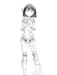  1girl android broom commentary_request contrapposto highres holding holding_broom humanoid_robot joints looking_at_viewer medium_hair monochrome original robot robot_joints science_fiction side_ponytail smile solo white_background wtry03 