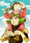  1boy 1girl :o binoculars black_eyes blue_eyes brown_hair carrying chill day goggles goggles_on_head jiron_amos long_sleeves outdoors pin_karo scarf sentou_mecha_xabungle short_hair shoulder_carry spiky_hair thick_eyebrows upper_body 