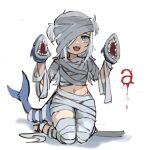  1girl bandages bangs blue_eyes blue_hair blunt_bangs fish_tail foxxarius gawr_gura halloween hand_puppet highres hololive hololive_english looking_at_viewer medium_hair multicolored_hair mummy open_mouth puppet shark_girl shark_tail sharp_teeth silver_hair solo streaked_hair tail teeth two_side_up virtual_youtuber 