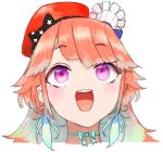  1girl chef_hat gradient_hair green_hair hat head_only highres hololive hololive_english looking_up multicolored_hair open_mouth orange_hair solo takanashi_kiara tokorinowa violet_eyes virtual_youtuber white_background 