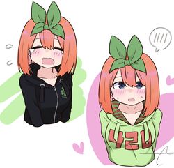  1girl bangs black_jacket blush breasts closed_eyes commentary_request cropped_torso drawstring eyebrows_behind_hair facing_viewer flying_sweatdrops go-toubun_no_hanayome green_hoodie green_ribbon hair_between_eyes hair_ribbon heart highres hood hood_down hooded_jacket hoodie jacket kujou_karasuma looking_at_viewer medium_breasts multiple_views nakano_yotsuba open_mouth orange_hair ribbon signature spoken_blush tears upper_body white_background 