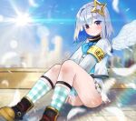  1girl absurdres amane_kanata bangs bare_legs blush building hair_ornament highres hololive looking_at_viewer pleated_skirt red_eyes seojinhui short_hair sitting skirt star_(symbol) star_hair_ornament sunlight virtual_youtuber white_hair wings 