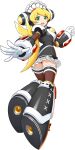  1girl :d alternate_costume android blonde_hair breasts capcom cinnamon eyebrows_visible_through_hair frills from_behind full_body green_eyes headgear highres legs_together long_hair looking_at_viewer looking_back maid maid_headdress mizuno_keisuke official_art open_mouth rockman rockman_x rockman_x_command_mission rockman_x_dive smile solo thigh-highs transparent_background zettai_ryouiki 