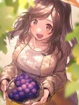  1girl bangs basket blurry_foreground breasts brown_eyes brown_hair cardigan commentary_request food fruit grapes hair_ribbon highres idolmaster idolmaster_shiny_colors jewelry large_breasts leaf long_hair looking_at_viewer looking_up necklace open_cardigan open_clothes ponytail ribbon shirt skirt sleeves_past_wrists solo swept_bangs tsukioka_kogane ubo_(ubo_tales) white_shirt 