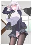  1girl ahoge akitokage01 alternate_costume angry arm_up bangs between_legs black_jacket black_legwear black_neckwear black_skirt blush border breasts broom clenched_teeth collared_shirt commentary_request cowboy_shot diagonal-striped_neckwear diagonal_stripes dress_shirt fate/grand_order fate_(series) hand_between_legs highres holding holding_broom huge_breasts jacket jeanne_d&#039;arc_(alter)_(fate) jeanne_d&#039;arc_(fate)_(all) large_breasts layered_sleeves long_sleeves looking_at_viewer necktie open_clothes outside_border pantyhose plaid plaid_skirt pleated_skirt shirt shirt_tucked_in short_hair silver_hair skirt skirt_tug solo striped striped_neckwear teeth white_border white_shirt yellow_eyes 