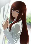  1girl bangs blue_eyes blurry blurry_background brown_hair curtains eyebrows_visible_through_hair from_side hair_between_eyes highres labcoat long_hair long_sleeves looking_at_viewer makise_kurisu necktie ny0r0ny0r0 open_mouth red_neckwear shiny shiny_hair solo steins;gate straight_hair very_long_hair 