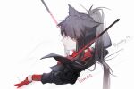 1girl absurdres animal_ears arknights black_hair black_jacket character_name commentary gloves highres jacket long_hair nyansky ponytail red_gloves simple_background solo symbol_commentary texas_(arknights) white_background wolf_ears 