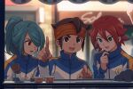  3boys :d blurry blurry_background brown_eyes brown_hair character_request check_character commentary endou_mamoru green_eyes green_hair hair_between_eyes hair_over_one_eye hand_up ice_cream_cone ice_cream_cup inazuma_eleven inazuma_eleven_(series) index_finger_raised jacket kazemaru_ichirouta kiyama_hiroto long_hair looking_at_viewer looking_down male_focus multiple_boys open_mouth orange_headband ponytail red_eyes redhead sayshownen short_hair smile symbol_commentary track_jacket upper_body upper_teeth 