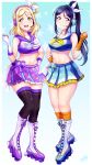  2girls absurdres border braid breasts cheerleader crown_braid fingerless_gloves gloves hair_rings hand_on_hip headset highres inline_skates kneehighs love_live! love_live!_school_idol_project love_live!_sunshine!! matsuura_kanan medium_breasts midriff multiple_girls navel ohara_mari ponytail ribbon roller_skates round_teeth skates smile teeth tsumikiy white_border white_ribbon yellow_eyes 