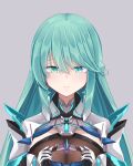  1girl alternate_hairstyle bangs chest_jewel earrings gloves green_eyes green_hair grey_background highres jewelry long_hair pneuma_(xenoblade) sarasadou_dan simple_background small_hands swept_bangs upper_body very_long_hair xenoblade_chronicles_(series) xenoblade_chronicles_2 