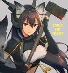  1girl animal_ears axe black_coat black_gloves black_hair closed_mouth coat elbow_gloves eyebrows_visible_through_hair fake_animal_ears fang fang_out gloves grey_background hair_between_eyes halloween headgear holding holding_axe kantai_collection kasumi_(skchkko) long_coat long_hair nagato_(kantai_collection) partially_fingerless_gloves red_eyes remodel_(kantai_collection) simple_background smile solo tail trick_or_treat wolf_ears wolf_tail 