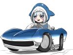  1girl absurdres animal_hood bangs blush car chevrolet chevrolet_xp-755_mako_shark chibi driving gawr_gura ground_vehicle highres hololive hololive_english hood motor_vehicle n13 open_mouth shark_hood sharp_teeth solo teeth vehicle_focus virtual_youtuber white_hair 