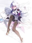  1girl ahoge bodystocking demon_girl fajyobore fate/grand_order fate_(series) gloves highres long_hair looking_at_viewer merlin_(fate/prototype) outstretched_arm petals pink_eyes robe sandals sitting solo staff succubus white_hair 