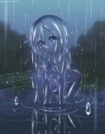  1girl blue_eyes blue_hair blue_sclera blue_skin closed_mouth eyes_visible_through_hair head_tilt highres kixyuresu leaning_forward long_hair looking_at_viewer monster_girl original puddle rain slime_girl solo transparent 