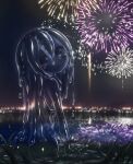  1girl :d arm_support fireworks from_behind head_tilt highres kixyuresu long_hair looking_at_viewer looking_back monster_girl night night_sky nude open_mouth original outdoors sitting sky slime_girl smile solo transparent twitter_username 