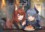  2girls :d anger_vein animal_ears arknights bangs black_neckwear brown_hair cake commentary copyright_name eyebrows_visible_through_hair food fork fox_ears fox_tail franka_(arknights) grey_hair highres holding holding_fork horns indoors liskarm_(arknights) long_hair long_sleeves looking_at_another multiple_girls necktie open_mouth orange_eyes red_eyes smile spacelongcat tail 