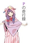  1girl absurdres bow bow_hairband bowtie capelet cloak crescent crescent_moon crescent_moon_pin double_bun hairband highres kawayabug moon outstretched_arms patchouli_knowledge pink_capelet pink_cloak pink_hood purple_hair spread_arms touhou violet_eyes 