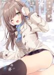  1girl ;d ass bangs black_legwear blue_scarf blurry blurry_background breasts brown_cardigan brown_coat brown_eyes brown_hair cardigan coat commentary_request depth_of_field duffel_coat earmuffs eyebrows_visible_through_hair fringe_trim grey_skirt hair_ornament hairclip hand_up hoshi_(snacherubi) long_hair long_sleeves looking_at_viewer medium_breasts one_eye_closed open_clothes open_coat open_mouth outdoors panties plaid plaid_skirt scarf skirt sleeves_past_wrists smile snow snowflakes snowing solo thigh-highs tree underwear white_panties 