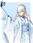  1girl absurdly_long_hair anastasia_(fate) blue_background blue_eyes blue_hairband blue_kimono blush border cellphone fate/grand_order fate_(series) grey_hair hair_ornament hair_over_one_eye hairband halloween_costume highres japanese_clothes kimono long_hair obi phone print_kimono sash selfie_stick signature sleeves_past_wrists smartphone smile snowflake_hair_ornament snowflake_print solo toni_nguyen type-moon ufotable very_long_hair w white_border wide_sleeves 