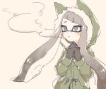  1girl black_gloves breath diagonal_bangs eyelashes gloves green_eyes green_jacket grey_hair hood hooded_jacket inkling inkling_girl inuowour jacket long_hair own_hands_together simple_background solo splatoon_(series) tentacle_hair upper_body white_background 