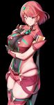  1girl amano_don breasts covered_navel gauntlets gloves hair_ornament highres jewelry large_breasts necklace pyra_(xenoblade) red_eyes red_shirt redhead shirt shorts skin_tight skindentation thigh-highs tiara xenoblade_chronicles_(series) xenoblade_chronicles_2 