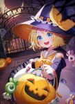  1girl absurdres alternate_costume bangs black_headwear blonde_hair blue_eyes blush bow candy commentary creature detached_sleeves fence food ghost hair_ornament hairclip halloween hat hat_ribbon highres holding jack-o&#039;-lantern kagamine_rin long_sleeves looking_at_viewer nani_(goodrich) open_mouth orange_headwear orange_ribbon pumpkin ribbon sailor_collar short_hair smile solo upper_teeth vocaloid witch_hat 