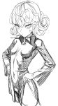  1girl black_dress breasts closed_mouth curly_hair dress greyscale highres kawakami_rokkaku looking_at_viewer monochrome one-punch_man short_hair simple_background sketch small_breasts solo tatsumaki white_background 