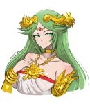  1girl bangs bracelet breasts close-up collarbone dress eyelashes forehead_jewel goddess green_eyes green_hair hand_on_own_chest highres jewelry kid_icarus kid_icarus_uprising large_breasts laurel_crown light_blush light_smile long_hair long_neck looking_away neck_ring necklace omiza_somi palutena parted_bangs pendant simple_background smile solo swept_bangs tiara upper_body vambraces white_background white_dress 