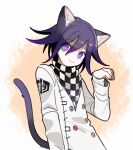  1202_koge 1boy animal_ears cat_boy cat_ears cat_tail checkered checkered_scarf colored_tips commentary dangan_ronpa eyebrows_visible_through_hair hair_between_eyes long_sleeves looking_at_viewer male_focus new_dangan_ronpa_v3 ouma_kokichi purple_hair scarf smile solo straitjacket symbol_commentary tail violet_eyes 